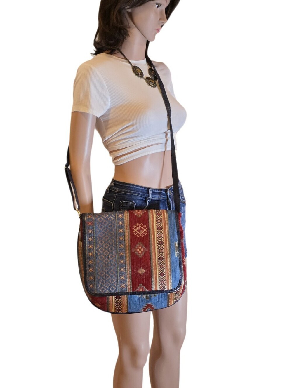 Vintage Armada Turkish Kilim Tapestry Crossbody Bag Vegan Leather Trim Boho EUC - Picture 15 of 15